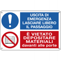 Cartello segnalatore multisimbolo - 30 x 20 cm - USCITA DI EMERGENZA/E' VIETATO DEPOSITARE - alluminio - Cartelli Segnalatori - E3541 - 8798330083542 - DMwebShop