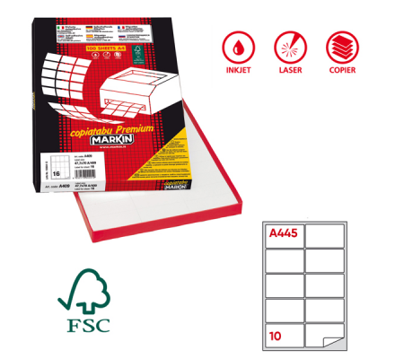 Etichetta adesiva A445 - in carta - permanente - 99,6 x 57 mm - 10 etichette per foglio - bianco - scatola 100 fogli A4 - Markin - X210A445 - 8007047020901 - DMwebShop