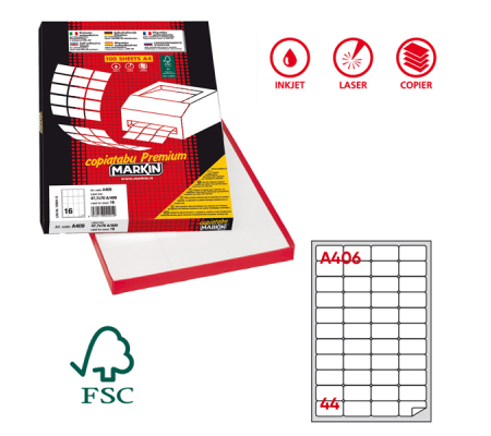 Etichetta adesiva A406 - in carta - permanente - 47,5 x 25,5 mm - 44 etichette per foglio - bianco - scatola 100 fogli A4 - Markin - X210A406 - 8007047026583 - DMwebShop