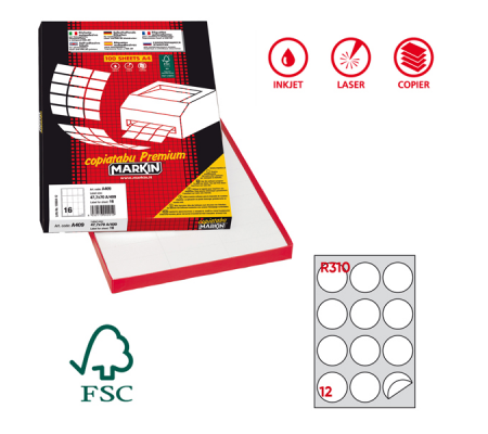 Etichetta adesiva R310 - in carta - permanente - tonda Ø 60 mm - 12 etichette per foglio - bianco - scatola 100 fogli A4 - Markin - X210R310 - 8007047024855 - DMwebShop