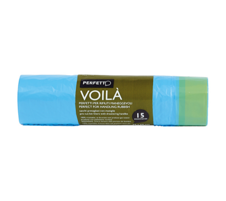 Sacchi per rifiuti con maniglie Voila' - 50 x 60 cm - 30 lt - 15 micron - azzurro rotolo da 15 sacchetti - Perfetto - 0359C - 8000957035935 - DMwebShop