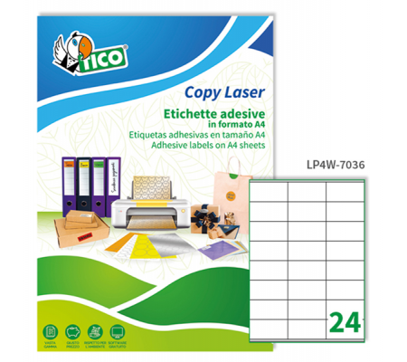 Etichetta adesiva LP4W - permanente - carta - margini - 70 x 36 mm - 24 etich. per foglio - bianco - conf. 100 fogli A4 - Tico - LP4W-7036 - 8007827290012 - DMwebShop