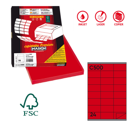 Etichetta adesiva C500 - permanente - 70 x 36 mm - 24 etichette per foglio - rosso - scatola 100 fogli A4 - Markin - 210C500R - 8007047921635 - DMwebShop