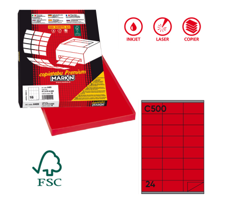 Etichetta adesiva C500 - in carta - permanente - 70 x 36 mm - 24 etichette per foglio - rosso - scatola 100 fogli A4 - Markin - X210C500R - 8007047921635 - DMwebShop