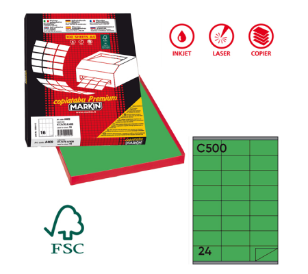 Etichetta adesiva C500 - in carta - permanente - 70 x 36 mm - 24 etichette per foglio - verde - scatola 100 fogli A4 - Markin - X210C500VE - 8007047021656 - DMwebShop