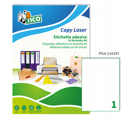 Etichetta adesiva PG4 - carta - permanente - 210 x 297 mm - 1 etichetta per foglio - bianco lucido - conf. 100 fogli A4 - Tico - PG4-210297 - 8007827242110 - DMwebShop