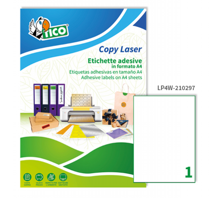 Etichette adesive LP4 W - in carta - permanenti - 210 x 297 mm - 1 etichette per foglio - 100 fogli - bianco - Tico - LP4W-210297 - 8007827290081 - DMwebShop