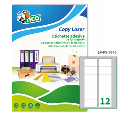 Etichetta adesiva LP4W - in carta - permanente - 76,2 x 46,4 mm - 12 etichette per foglio - bianco - conf. 100 fogli A4 - Tico - LP4W-7646 - 8007827290487 - DMwebShop