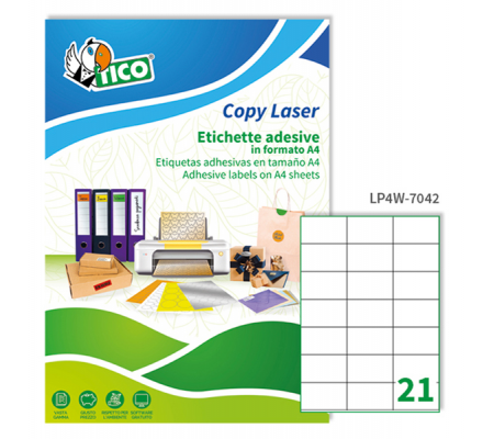 Etichetta adesiva LP4W - permanente - 70 x 42,3 mm - 21 etichetta per foglio - bianco - conf. 100 fogli A4 - Tico - LP4W-7042 - 8007827291200 - DMwebShop