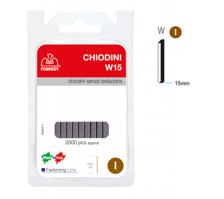 Chiodini W15 per fissatrici - senza testa - 15 mm - acciaio - conf. 2000 pezzi - Romeo Maestri - 1130820 - 8005231465040 - DMwebShop