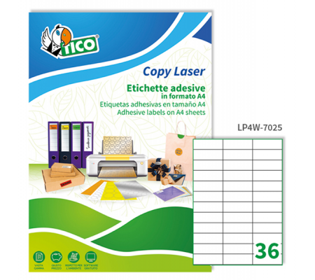 Etichetta adesiva LP4W - in carta - permanente - 70 x 25 mm - 36 etichette per foglio - bianco - conf. 100 fogli A4 - Tico - LP4W-7025 - 8007827290210 - DMwebShop