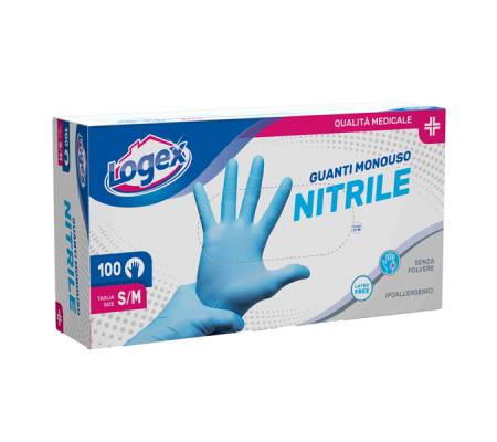 Guanti in nitrile non talcato - per uso medicale - taglia S-M - azzurro - scatola 100 pezzi - Logex Professional - 3476LXM - 9551004301545 - DMwebShop