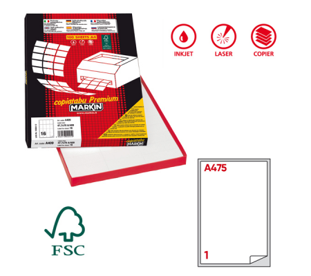 Etichetta adesiva A475 - permanente - 199,6 x 289,1 mm - 1 etichetta per foglio - bianco - scatola 100 fogli A4 - Markin - X210A475 - 8007047021502 - DMwebShop