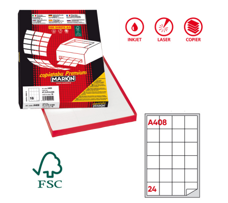 Etichetta adesiva A408 - permanente - 47,5 x 46,5 mm - 24 etichette per foglio - bianco - scatola 100 fogli A4 - Markin - X210A408 - 8007047026743 - DMwebShop