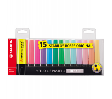 Evidenziatore Boss Original - punta a scalpello - tratto 2 - 5 mm - colori assortiti fluo + pastel - deskset 15 pezzi - Stabilo - 7015-01 - 4006381517478 - DMwebShop