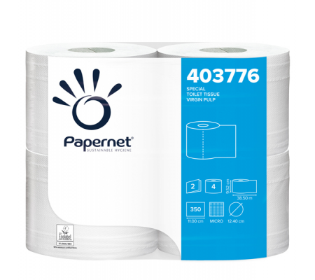 Carta igienica - 2 veli - 16,5 gr - Ø 12,4 cm - 9,5 cm x 38,5 mt - 350 strappi - pacco 4 rotoli - Papernet - 403776 - 8024929090302 - DMwebShop