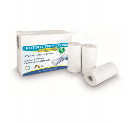 Rotolo per POS e carte di credito - carta termica BPA free - 57 mm x 7 mt - 55 g/m2 - Ø esterno 25 mm - senza anima - blister 3 pezzi - 5707PSA - 8050616756220 - DMwebShop