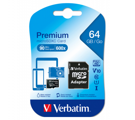 Micro SDXC Classe 10 fino a 45mb/sec - 64 Gb - Verbatim - 44084 - 023942440840 - DMwebShop