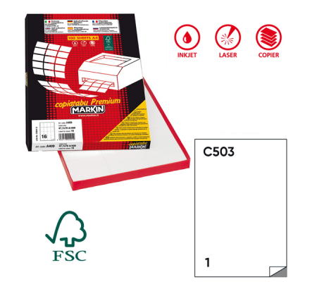 Etichetta adesiva C503 Extra Forte - permanente - 210 x 297 mm - 1 etichetta per foglio - bianco - scatola 100 fogli A4 - Markin - 210C503SP - 8007047030009 - DMwebShop