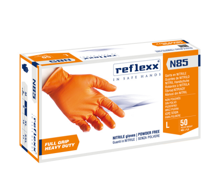 Guanti in nitrile N85 - ultra resistenti - taglia L - arancione - conf. 50 pezzi - Reflexx - N85/L(9) - 8032891633830 - DMwebShop