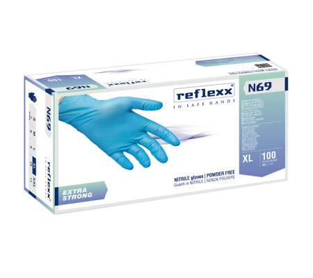 Guanti in nitrile extra strong N69 - taglia XL - azzurro - conf. 100 pezzi - Reflexx - N69/XL(10) - 8032891634448 - DMwebShop