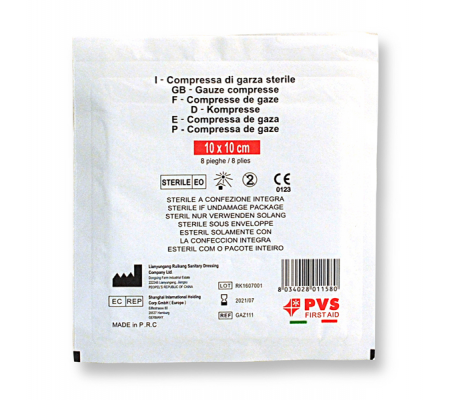 Busta di garza compressa sterile 10 x 10 cm - a 8 pieghe - Pvs - GAZ111 - 01080340280115801021070117260601 - DMwebShop