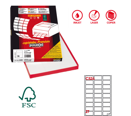 Etichetta adesiva C524 - permanente - con angoli arrotondati - 56 x 28 mm - 27 etichette per foglio - bianco - scatola 100 fogli A4 - Markin - X210C524 - 8007047023490 - DMwebShop