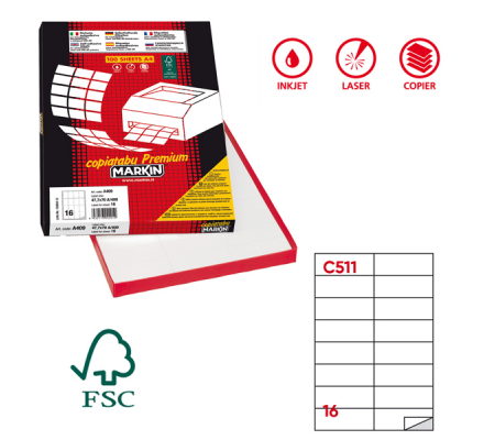 Etichetta adesiva C511 - permanente - 105 x 37,12 mm - 16 etichette per foglio - bianco - scatola 100 fogli A4 - Markin - X210C511 - 8007047022455 - DMwebShop