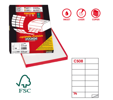 Etichetta adesiva C508 - permanente - 105 x 42,43Mm - 14 etichette per foglio - bianco - scatola 100 fogli A4 - Markin - X210C508 - 8007047022219 - DMwebShop