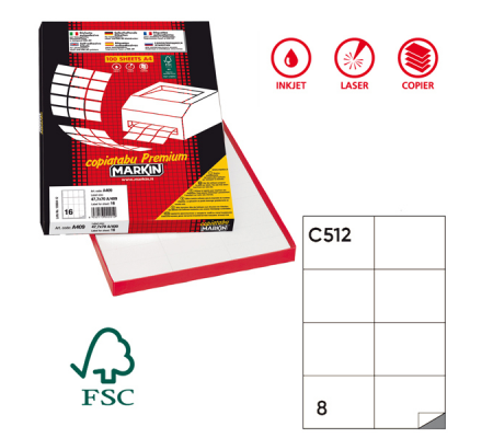 Etichetta adesiva C512 - permanente - 105 x 74,25 mm - 8 etichette per foglio - bianco - scatola 100 fogli A4 - Markin - X210C512 - 8007047022530 - DMwebShop