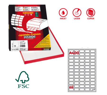 Etichetta adesiva A400 permanente bianco - 38,1 x 21,2 mm - 65 etichette per foglio scatola - conf. 100 fogli A4 - Markin - X210A400 - 8007047020000 - DMwebShop