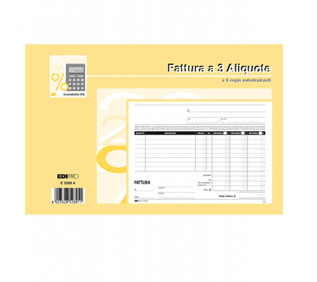 Blocco fatture 3 aliquote Iva - 50 fogli 2 copie autoricalcanti - 15 x 23 cm - Edipro - E5289A - 8023328528911 - DMwebShop