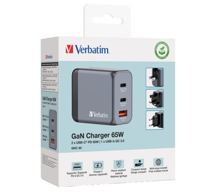 Adattatore da viaggio GNC-65- 2x USB-C PD 65W - 1x USB-A QC 30-65 W - Verbatim - 32201 - 023942322016 - VERB32201_1 - DMwebShop