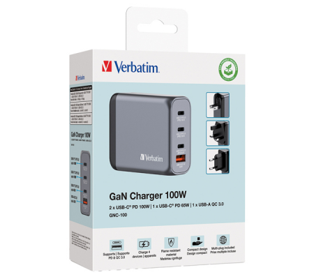 Adattatore da viaggio GNC-100 - 2x USB-C PD 1x USB-C PD 65W - 1x USB-A QC 30-100W - Verbatim - 32202 - 023942322023 - VERB32202_1 - DMwebShop