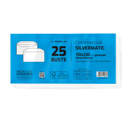 Busta SILVER MATIC FSC gommata bianca senza finestra - 110 x 230 mm - 80 gr - conf. 25 pezzi - Pigna - 0593004AM - 8005235101869 - 32070_1 - DMwebShop