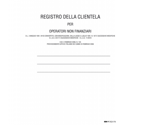 Registro antiriciclaggio operatori non finanziari - 31 x 24 cm - 96 fogli - Edipro - E2179 - 8023328217907 - 52682_1 - DMwebShop