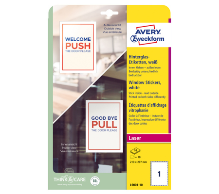 Etichette adesive per finestre - in carta - con pellicola - laser - rimovibili - 210 x 297 mm - 1et/fg - 10 fogli - bianco - Avery - L9001-10 - 4004182334904 - DMwebShop