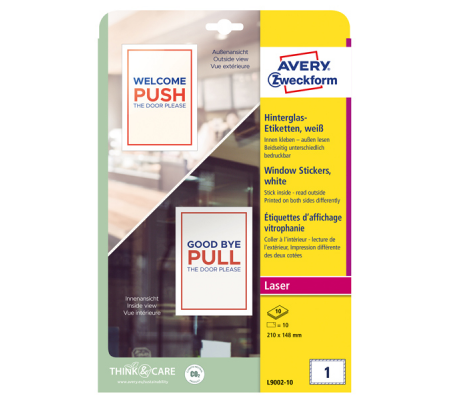 Etichette adesive per finestre - in carta - con pellicola - laser - rimovibili - 210 x 148 mm - 1et/fg - 10 fogli - bianco - Avery L9002-10 - 4004182334911 - DMwebShop