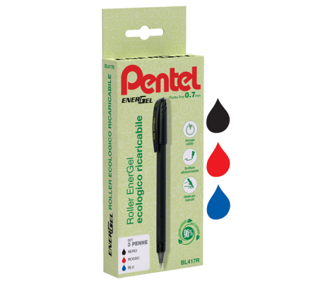 Roller Energel Recycology 96% - punta 0,7 mm - nero-rosso-blu - conf. 3 pezzi - Pentel - 0022418 - 8006935224186 - DMwebShop