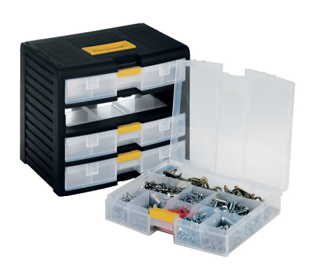 Cassettiera portautensili modulare - 4 cassetti - con maniglia - 39,1 x 29 x 33,4 cm - PPL - trasparente-nero - Store-Age - 1002299 - 8005646022999 - DMwebShop