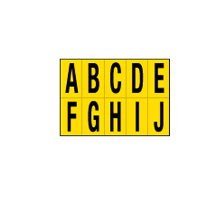 Lettere adesive da A a J - in PVC - 56 x 99 mm - 10 etichette per foglio - 1 foglio - nero-giallo - Cartelli Segnalatori - 905AJ - 8409051101827 - DMwebShop