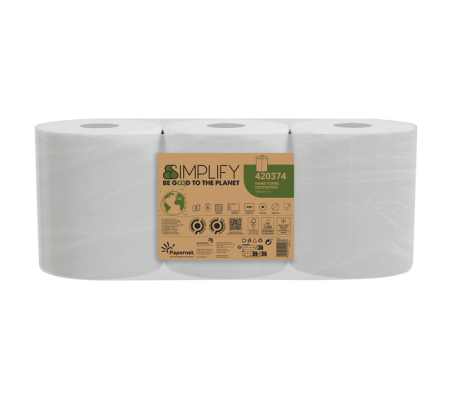 Asciugamani in rotolo Centrefeed Simplify - 19,6 cm x 90 mt - Ø 18,5 cm - 17 gr - 450 strappi - 2 veli - bianco - pacco 3 rotoli - Papernet - 420374 - 8024929009083 - DMwebShop