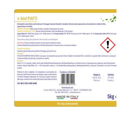 Detersivo piatti Ebiol Tanica 5 kg - inodore - Livrex - LX0400