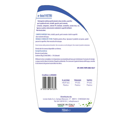 Detergente vetri e multiuso Ebiol - trigger 750 ml - Livrex - LX0250