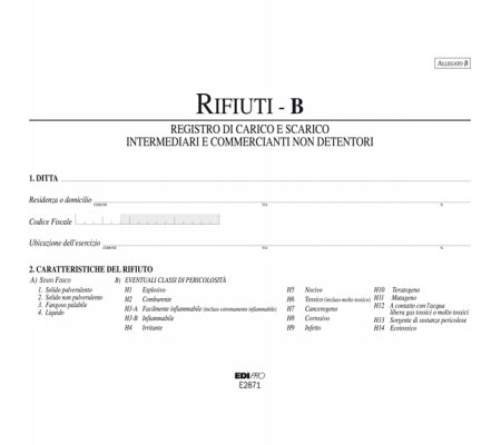 Blocco carico-scarico rifiuti non detentori Mod. B - 22,5 x 29,7 cm - 100 pagine - numerate - Edipro - E2871 - 8023328287108 - DMwebShop - 2