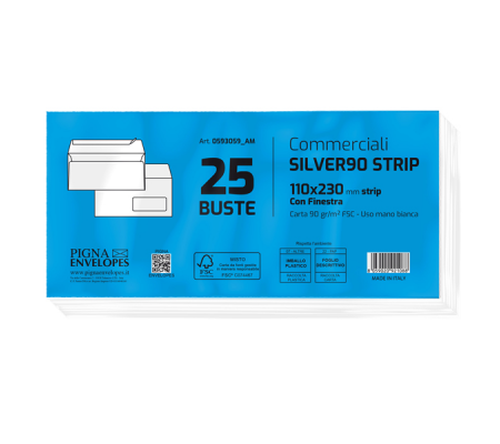 Busta silver90 strip FSC - bianca - internografata - con finestra - 110 x 230 mm - 90 gr - conf. 25 pezzi - Pigna - 0593059AM - 8059020921088 - DMwebShop - 1