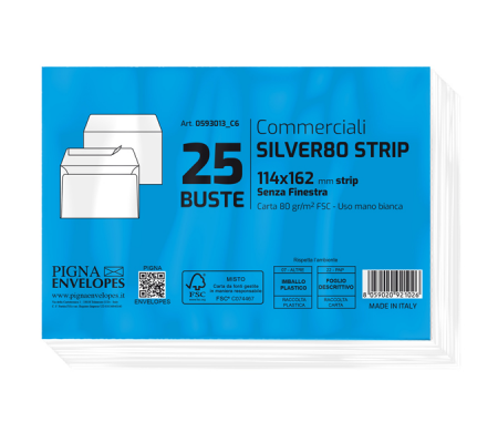 Busta silver80 strip FSC bianca - internografata - senza finestra - 114 x 162 mm - 80 gr - conf. 25 pezzi - Pigna - 0593013C6 - 8059020921026 - DMwebShop - 1