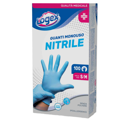 Guanti in nitrile non talcato - per uso medicale - taglia S-M - azzurro - scatola 100 pezzi - Logex Professional - 3476LXM - 9551004301545 - DMwebShop - 1