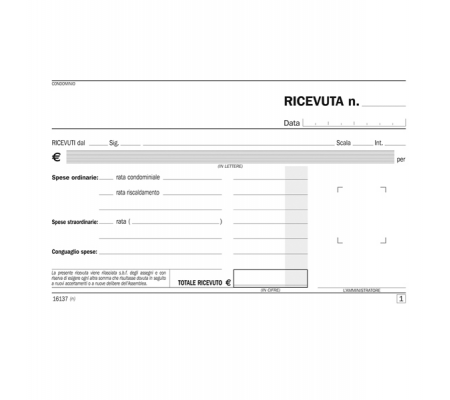 Blocco ricevute condominio - 50-50 copie autoricalcanti - 16,8 x 10 cm - conf. 5 pezzi - Data Ufficio - DU161370000 - 8008842585152 - DMwebShop - 1