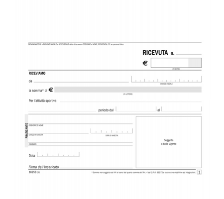 Blocco ricevute pagamento per attivita' sportive dilettantistiche - 50-50 copie autoricalcanti - 11,5 x 16,5 cm - Data Ufficio - DU162580000 - 8008842585107 - DMwebShop - 1